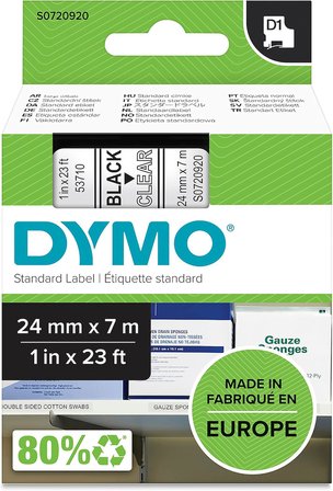 Dymo S0720920, D1 Yedek Şerit (24 Mm X 7 Mt), Şeffaf/Siyah (53710)