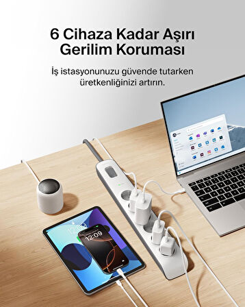 Belkin Surge Plus Priz (Dalgalanma Koruyucu 2.4A, 2M Kablo), Beyaz / Gri