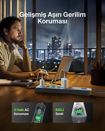 Belkin Surge Plus Priz (Dalgalanma Koruyucu 2.4A, 2M Kablo), Beyaz / Gri