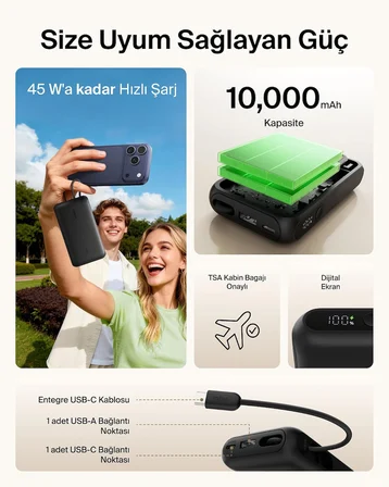 Belkin Ultracharge 10000 Mah Usb-C Kablolu Ve Ekranlı Power Bank, Siyah | 10K Kapasite, 3 Cihaza Kad