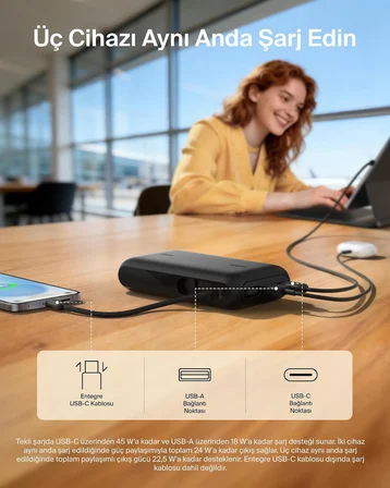 Belkin Ultracharge 10000 Mah Usb-C Kablolu Ve Ekranlı Power Bank, Siyah | 10K Kapasite, 3 Cihaza Kad