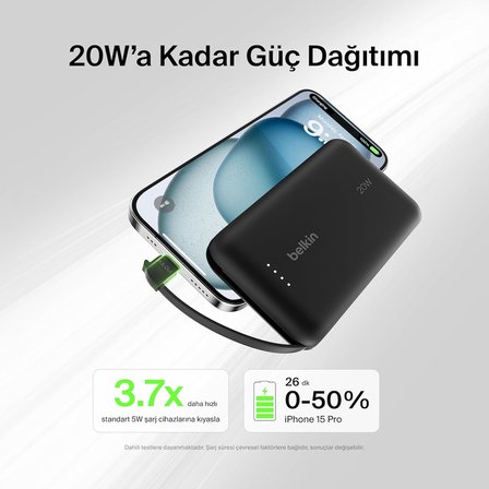 Belkin Boostcharge Power Bank, Entegre Kablolu Taşınabilir Şarj Cihazı 10K Pd 20W - Usb-C Güç Dağıtı