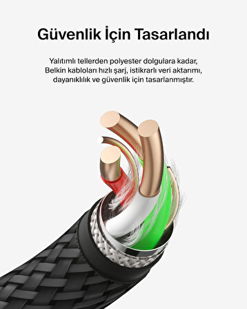Belkin Boost Şarj Örgülü Usb-C Kablosu 3 M, Siyah