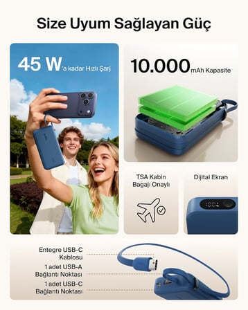 Belkin Ultracharge 10000 Mah Usb-C Kablolu Ve Ekranlı Power Bank, Mavi