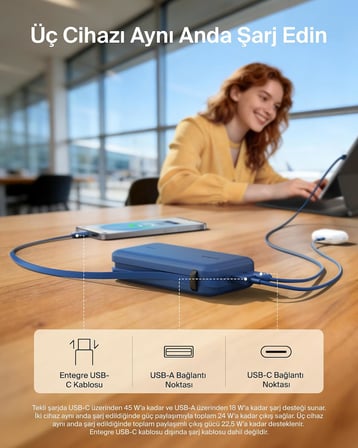 Belkin Ultracharge 10000 Mah Usb-C Kablolu Ve Ekranlı Power Bank, Mavi