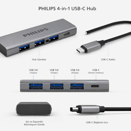 Philips 4-In-1 Usb-C Hub | 3X Usb 3.0 5Gbps, 1X Usb-C 5Gbps, Hızlı Veri Transferi, Kompakt Ve Dayanı