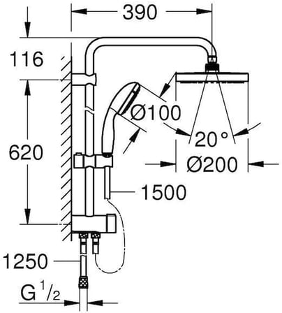 Grohe New Tempesta Sistem 200 Duvar Bağlantılı, Divertörlü Duş Sistemi - 27389002