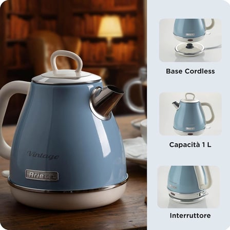 Ariete Vintage Elektrikli Su Isıtıcı 1 Litre Mavi 2868/05 - Paslanmaz Çelik, Retro Kettle, 1630 Watt