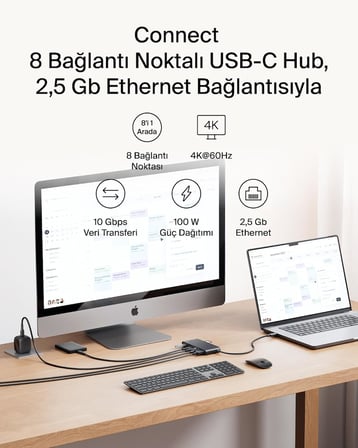 Belkin Connect 8 Portlu Usb-C Hub, 4K@60Hz’E Kadar Çözünürlükleri Destekleyen Ekran Uyumu, Mac, Wind