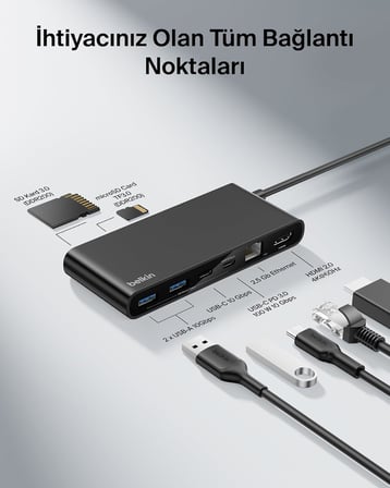 Belkin Connect 8 Portlu Usb-C Hub, 4K@60Hz’E Kadar Çözünürlükleri Destekleyen Ekran Uyumu, Mac, Wind