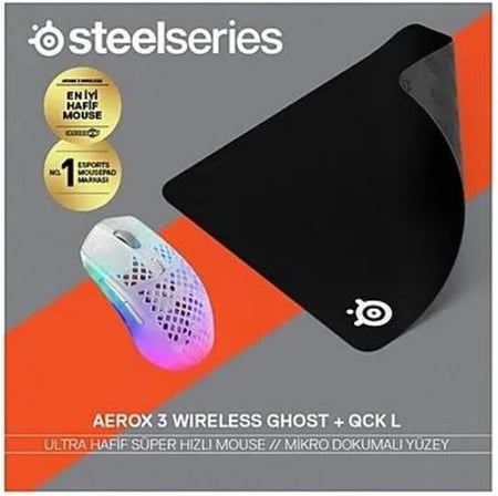 Steelseries Aerox 3 Wireless Ghost Edition Gaming (Oyuncu) Mouse + Qck Large Mouse Pad