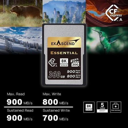 Exascend 120 GB / 180 GB / 240 GB Essential CFexpress Tip A Kart, Sürekli Okuma 800 MB/s, Sony a1 /