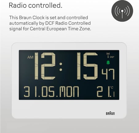 Braun Central European Time Zone (DCF) dijital kablosuz duvar saati, iç sıcaklık, tarih, haftanın