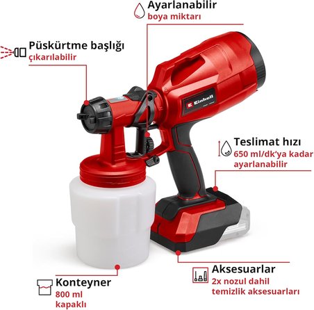Einhell Akülü Sprey Boya Sistemi Tc-Sy 18/60 Li-Solo Power X-Change (Li-İyon, 18 V, 650 Ml/Dk Püskür