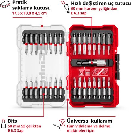 Orijinal Einhell M-Case 33 Parça Uç Seti (S2 Çelikten Yapılmış 50 Mm Uçlara Sahip Akülü Vidalamalar 