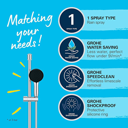 Grohe Vitalio Start 110 Sürgülü Duş Seti, 110Mm Yuvarlak 1 Akışlı El Duşu, 600Mm Sürgülü Ray, 1750Mm