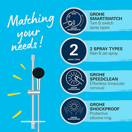 Grohe Vitalio Start 110 Sürgülü Duş Seti Sabunluklu, 110Mm Yuvarlak 2 Akışlı El Duşu, 600Mm Sürgülü 