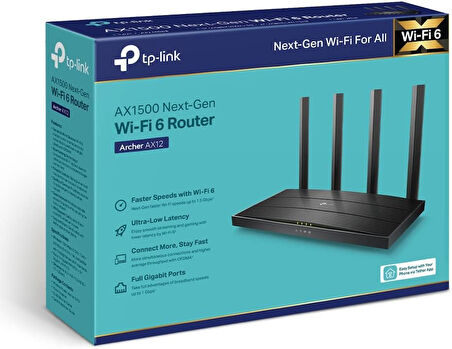 Tp-Link Archer Ax12, Ax1500 Wi-Fi 6 Gigabit Portlu Kablosuz Router, Fiber Destekli, 4 Gigabit Lan Po
