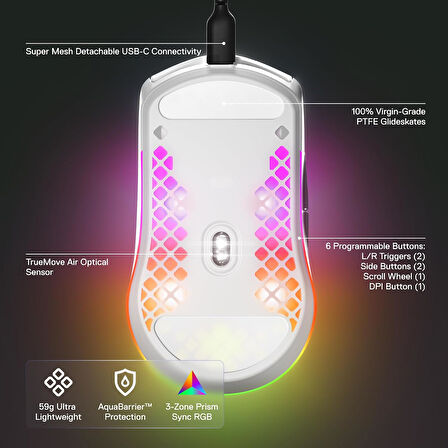Steelseries Aerox 3 Snow Ultra Hafif Gaming Mouse 8,500 Cpi Truemove Core Optik Sensör, Beyaz, 59 Gr