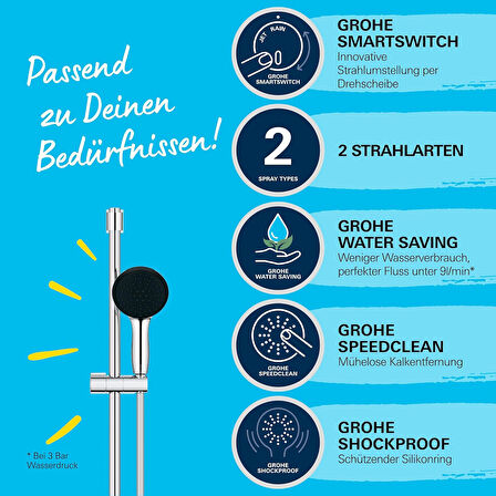 Grohe Vitalio Start 110 Sürgülü Duş Seti, 110Mm Yuvarlak 2 Akışlı El Duşu, 600Mm Sürgülü Ray, 1750Mm