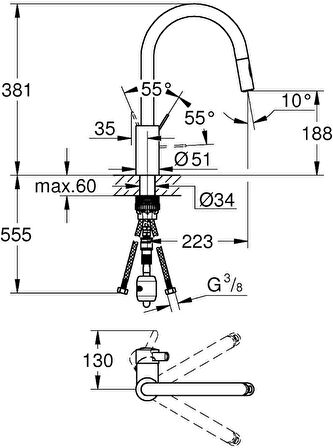 Grohe Eviye Bataryası Spiralli 2 Fonk. Eurocosmo Krom- 31481001