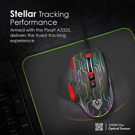 Vertux Oyuncu Mouse Üstün Hızlı Performanslı Kablolu 10.000 Dpi Led - Vertux Kryptonite (Kırmızı)