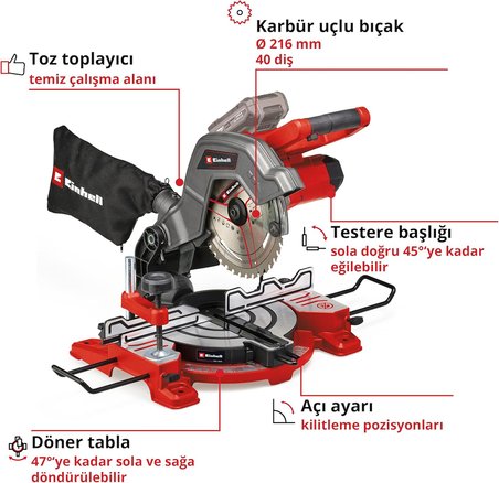 Einhell Akülü Gönye Testere Te-Ms 18/8 Li-Solo Power X-Change (18 V, Ø 216 Karbür Uçlu Bıçak, Eğileb