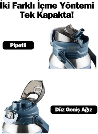 Tkk Büyük Boy 1000Ml Pipetli/Pipetsiz Kullanım Askılı Paslanmaz Çelik Termos Matara (Lacivert)