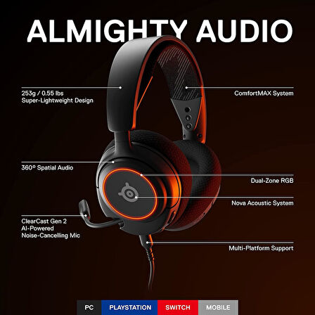 Steelseries Arctis Nova 3 Multi-Platform Gaming Kulaklık, Hi-Fi Sürücüler, 360 Derece Uzamsal Ses, R