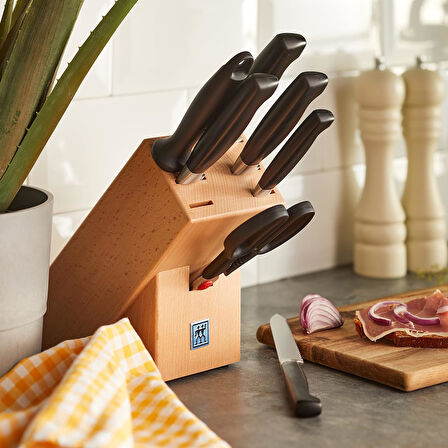 Zwilling Four Star 8 Parça Blok Bıçak Seti Doğal Ahşap Bloklu, Paslanmaz Çelik Ve Ahşap, Siyah