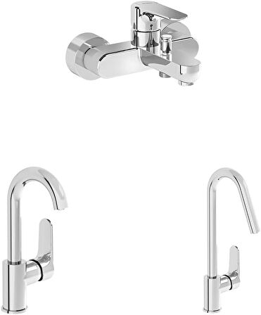 Vitra Root Round Döner Borulu Lavabo Bataryası + Banyo Bataryası + Eviye Bataryası Seti