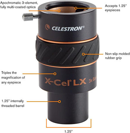 Celestron 93428 1,25 Inç X-Cel Lx 3X Barlow Lens, Siyah