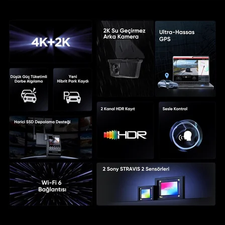 Viofo A329Sw 2 Kameralı Ön+Arka Su Geçirmez 4K 60Fps+2K Sony Starvis 2 Sensör Gps'Li Araç Kamerası