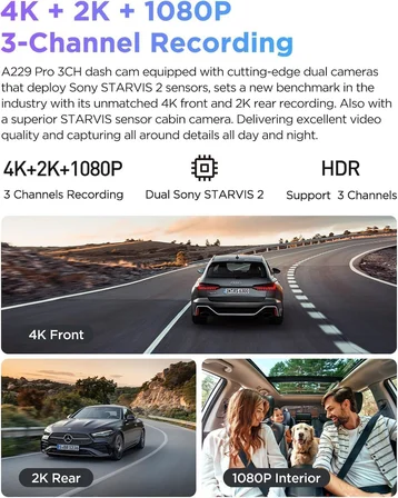 Viofo A229 Pro 3 Kameralı Ön-İç-Arka 4K+2K+1080P Hdr Sony Starvis 2 İle Uyumlu Wifi Gps Araç Kameras