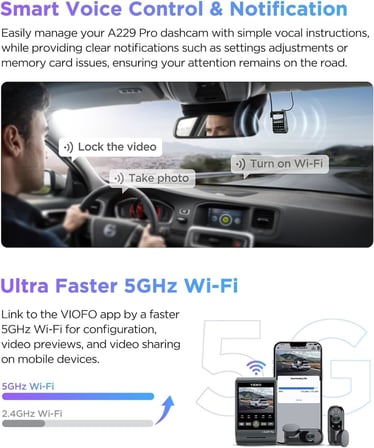 Viofo A229 Pro 3 Kameralı Ön-İç-Arka 4K+2K+1080P Hdr Sony Starvis 2 İle Uyumlu Wifi Gps Araç Kameras