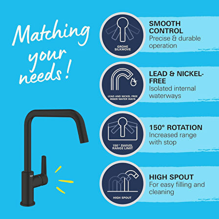 Grohe Start Quickfix Eviye Bataryası | 150° Dönüş Açısı | Mat Siyah | 304702430