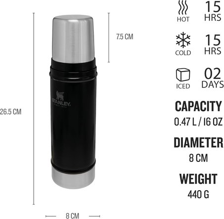 Stanley Classic Legendary Vakumlu Çelik Termos, Mat Siyah, 0.47 Litre