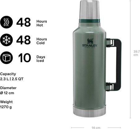 Stanley Classic Legendary Vakumlu Çelik Termos, Yeşil (Hammertone Green), 2.3 Litre