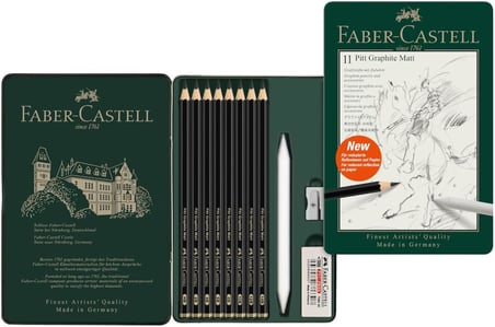 Faber-Castell Pitt Matt Dereceli Kalem Seti, 11 Parça, Ultra Mat Siyah Ton, 14B Kalem, Geçiş Kalemi,