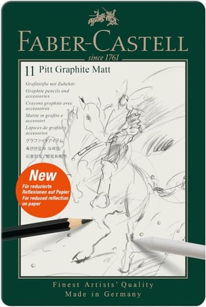 Faber-Castell Pitt Matt Dereceli Kalem Seti, 11 Parça, Ultra Mat Siyah Ton, 14B Kalem, Geçiş Kalemi,
