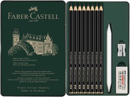 Faber-Castell Pitt Matt Dereceli Kalem Seti, 11 Parça, Ultra Mat Siyah Ton, 14B Kalem, Geçiş Kalemi,