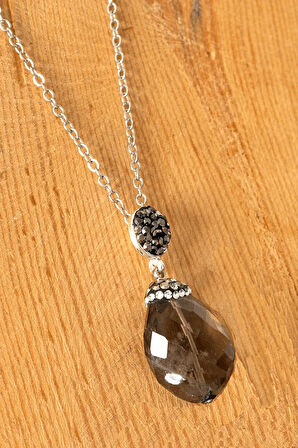 Sertifikalı Fasetli Zirkon Taşlı Dumanlı Kuvars Taşı Kolye