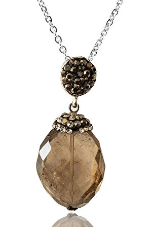 Sertifikalı Fasetli Zirkon Taşlı Dumanlı Kuvars Taşı Kolye