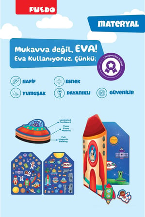 Puedo Manyetik Uzay Seti 70 Parça Eva Mıknatıslı Kitap Oyunu Eğitici Oyuncak 3+ Yaş