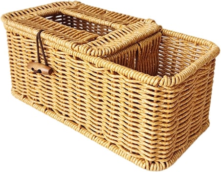 Doğal Görünümlü Plastik Rattan Peçetelik Organizer Kutu Bölmeli Kapaklı Masaüstü Dekor - 25x12.5x10