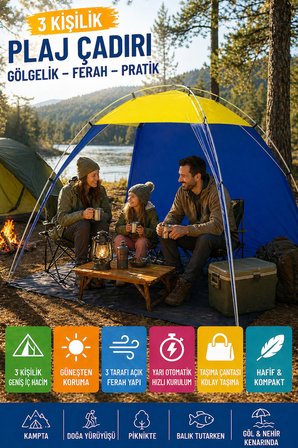 Mavi - Plaj Çadırı Tentesi 200x170x150 cm Yarı Otomatik Gölgelik Kamp Piknik Taşınabilir Tente