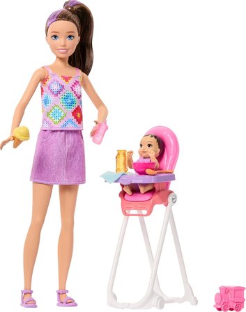 Barbie Bebek Bakıcısı Skipper Oyun Seti, Kahverengi Saçlı Yetişkin Ve Küçük Bebek, Mama Sandalyesi V