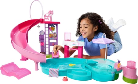 Barbie'Nin Rüya Havuzu Oyun Seti Kaydırak Ve Köpüren Jakuzi Dahil 6 Oyun Alanı, Evcil Hayvan Figürü 