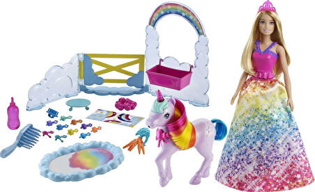 Barbie Dreamtopia Bebek Ve Tek Boynuzlu At, Renk Değiştiren Tuvaletiyle Tek Boynuzlu At Ve 18 Aksesu