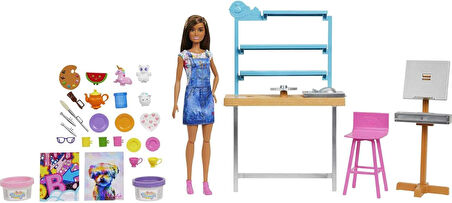 Barbie'Nin Sanat Atölyesi, Barbie Bebek (29 Cm), Çömlek Yapımı Ve Resim Sanatı Için 25'Ten Fazla Aks